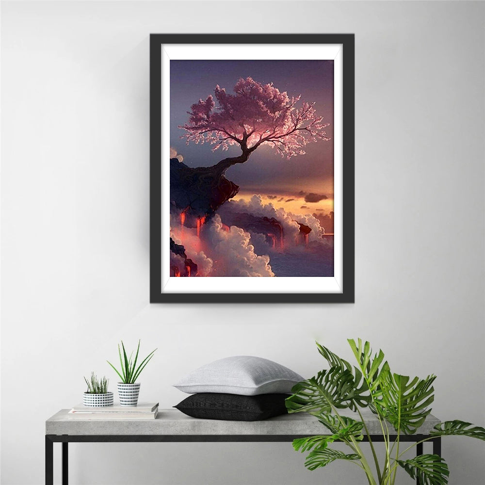 Kerselaar op Klif tegen Zonsondergang Diamond Painting