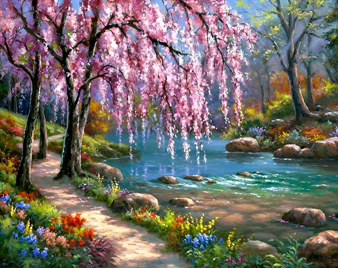 Kersenbloesems en de Heldere Beek Diamond Painting