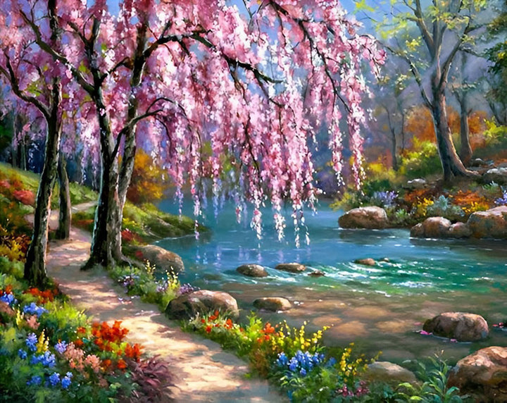 Kersenbloesems en de Heldere Beek Diamond Painting