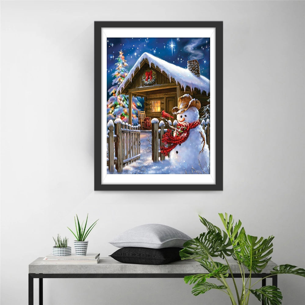 Kersthuisje en Sneeuwpop Diamond Painting