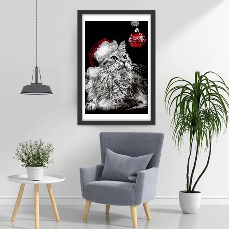 Kerstkat in Zwart-Wit Diamond Painting