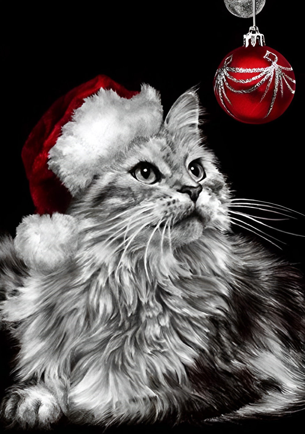 Kerstkat in Zwart-Wit Diamond Painting