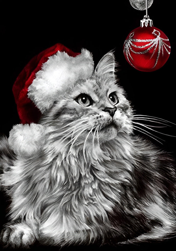 Kerstkat in Zwart-Wit Diamond Painting
