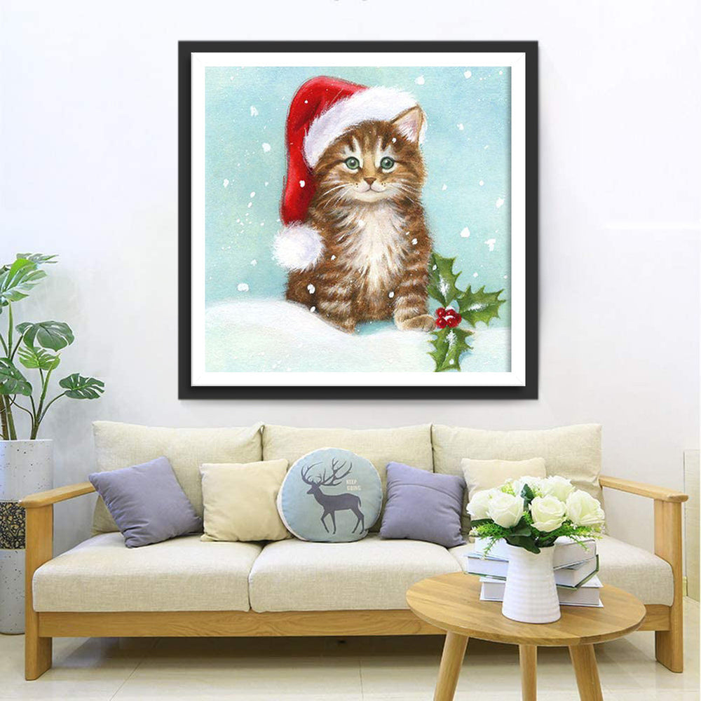 Kerstkatje in Sneeuw Diamond Painting