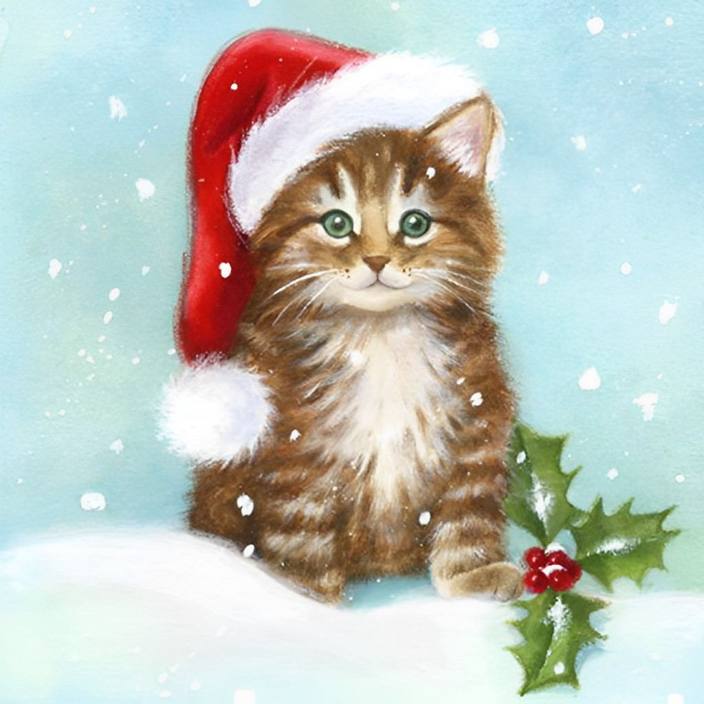Kerstkatje in Sneeuw Diamond Painting