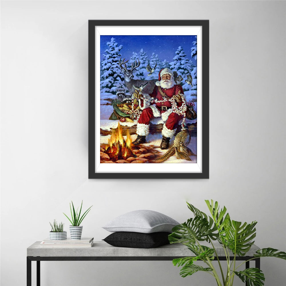 Kerstman bij Kampvuur in Winterwoud Diamond Painting