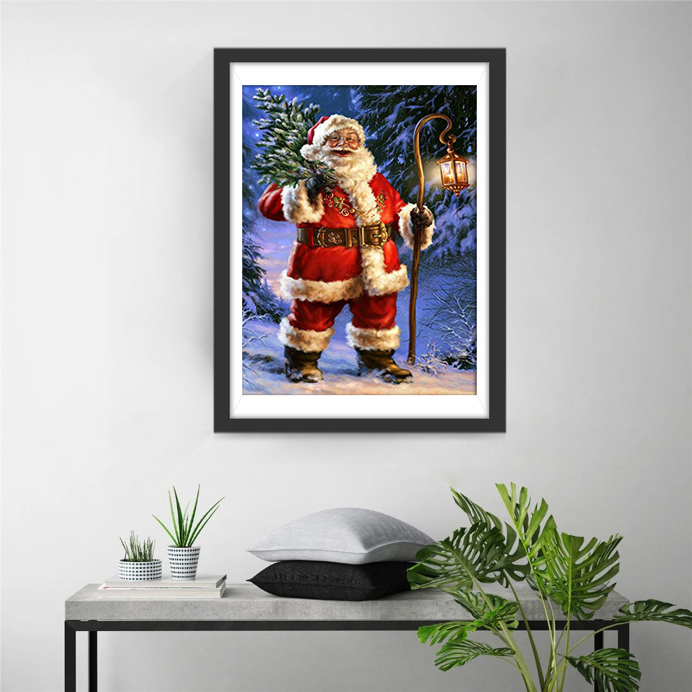 Kerstman met Kerstboom en Lantaarn Diamond Painting