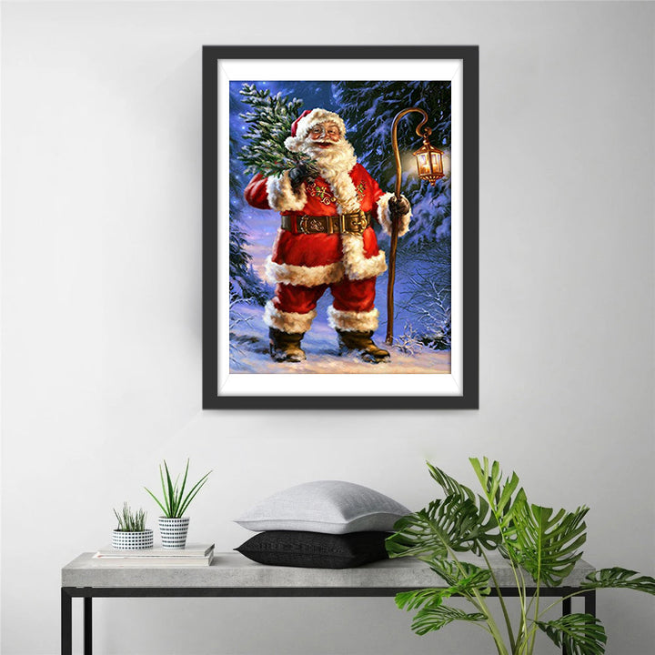 Kerstman met Kerstboom en Lantaarn Diamond Painting