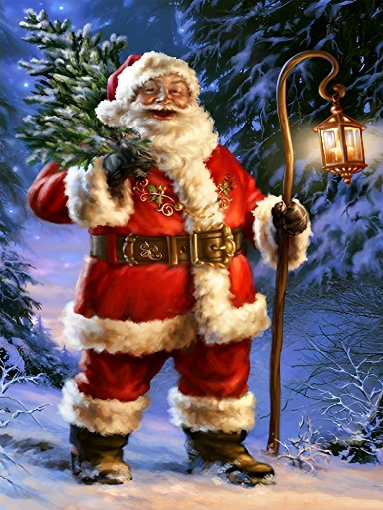 Kerstman met Kerstboom en Lantaarn Diamond Painting