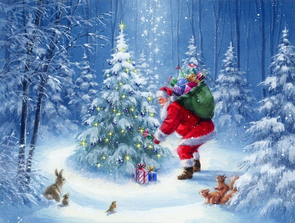 Kerstman bij Verlichte Boom in Sneeuwbos Diamond Painting