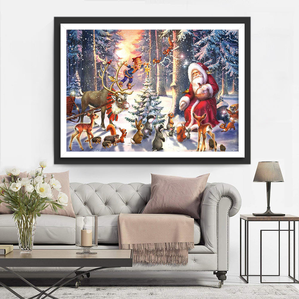 Kerstman en Dieren in Magisch Kerstbos Diamond Painting