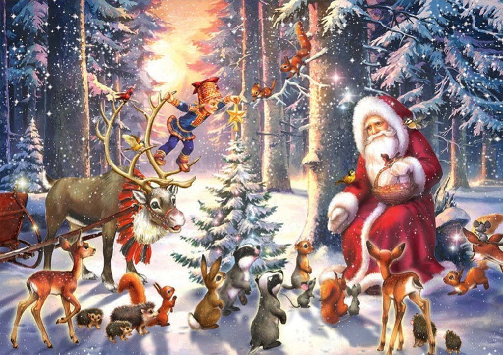 Kerstman en Dieren in Magisch Kerstbos Diamond Painting