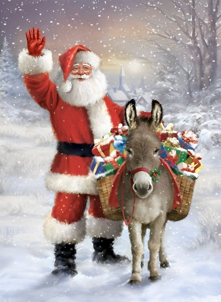 Kerstman en Ezel met Geschenken in de Sneeuw Diamond Painting