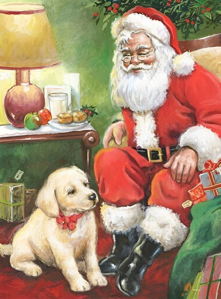 Kerstman en Geel Hondje in Kamer Diamond Painting
