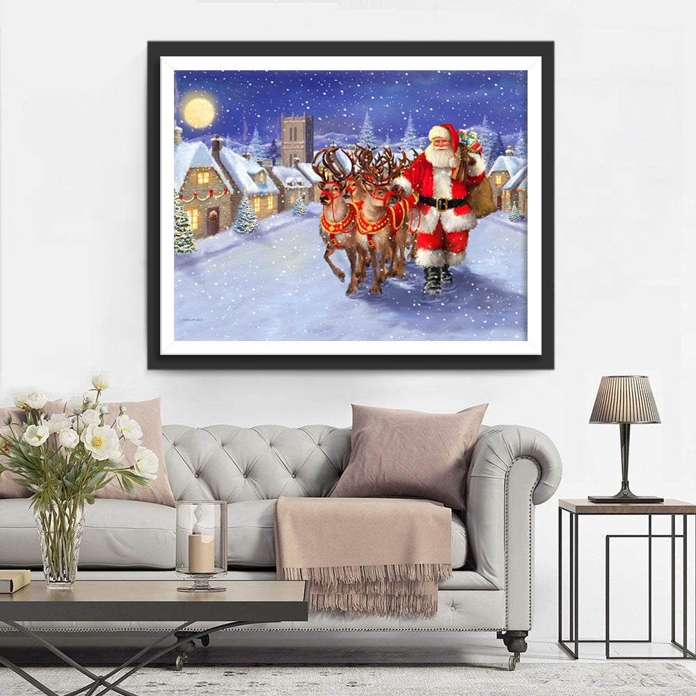 Kerstman en Rendierspan in Sneeuwbuurt Diamond Painting