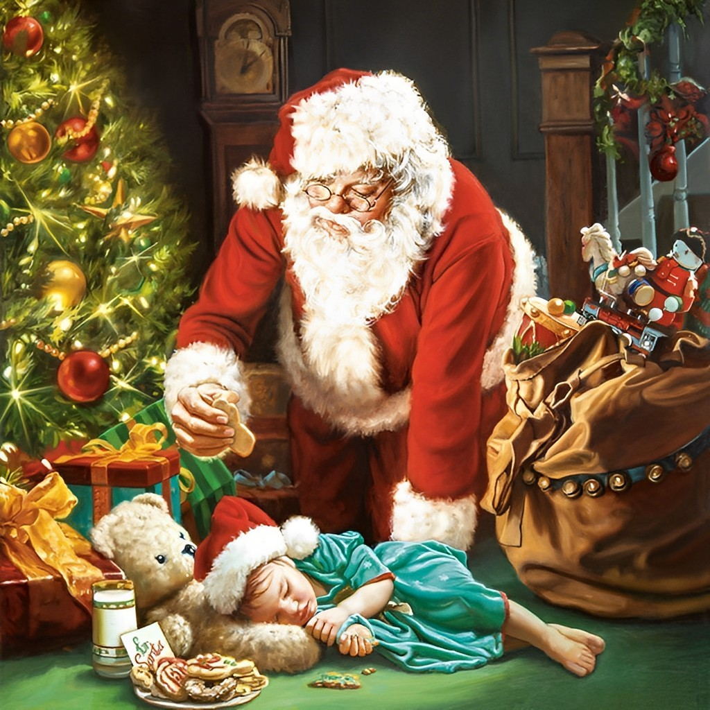 Kerstman en Slapend Kindje Diamond Painting