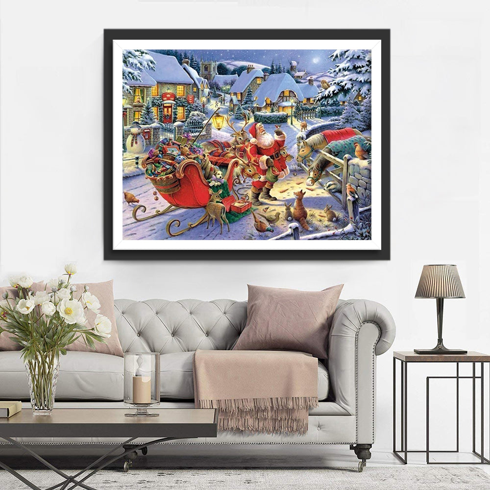 Kerstman en Slee in Idyllisch Dorp Diamond Painting