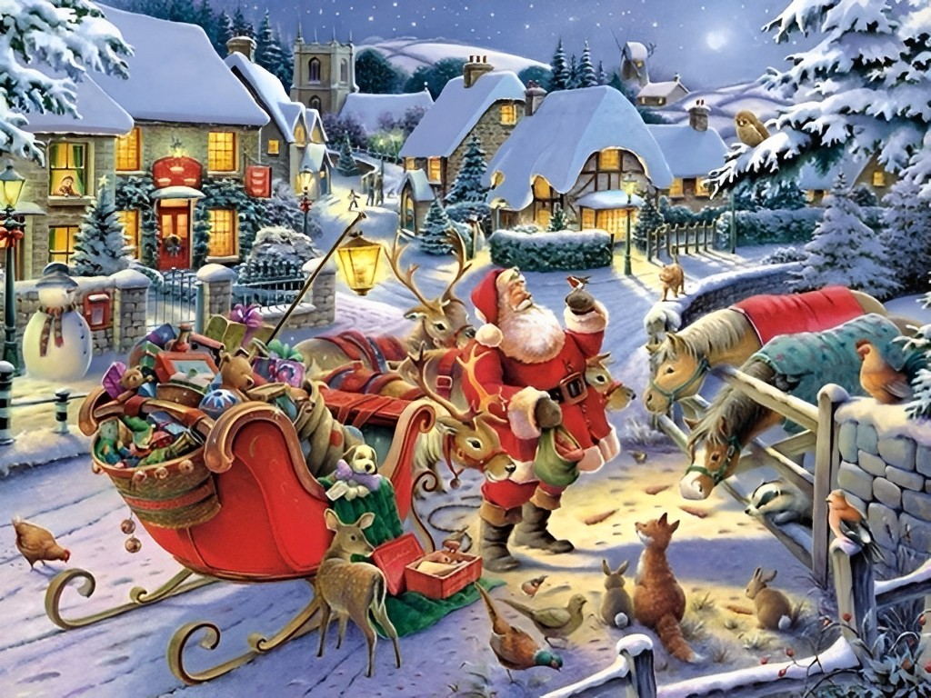 Kerstman en Slee in Idyllisch Dorp Diamond Painting