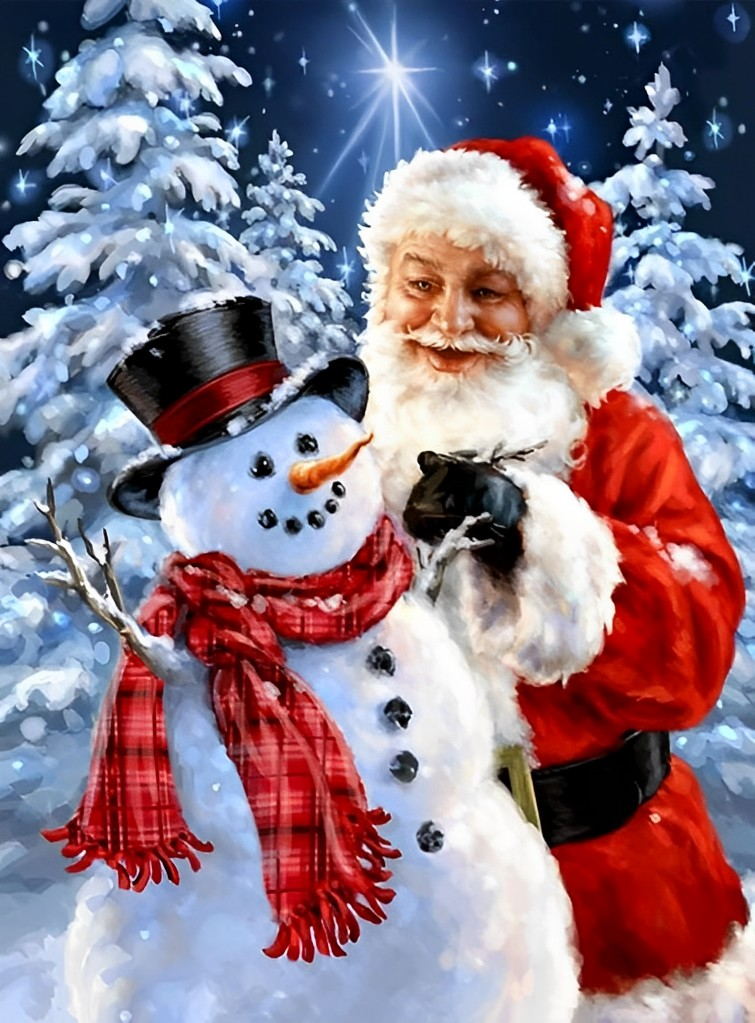 Kerstman en Sneeuwpop in de Sterrennacht Diamond Painting