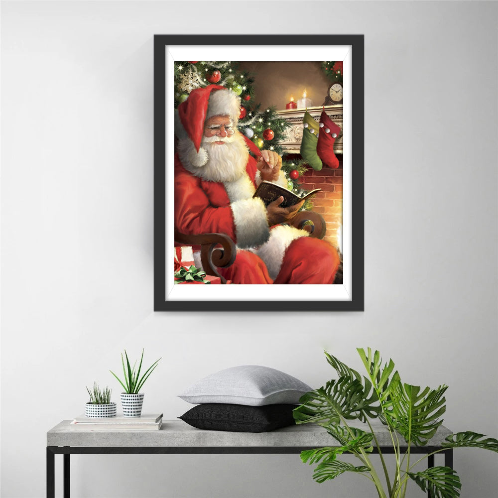 Kerstman Genietend van een Boek bij de Kersthaard Diamond Painting
