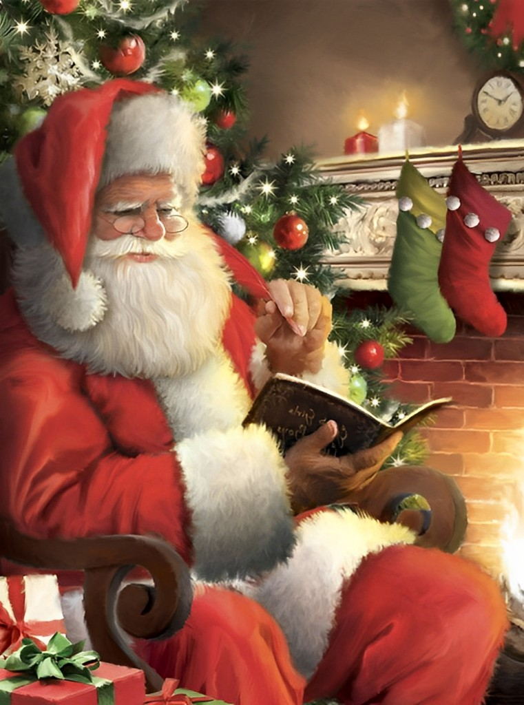 Kerstman Genietend van een Boek bij de Kersthaard Diamond Painting