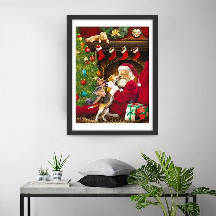 Kerstman, Hond en Open Haard Diamond Painting
