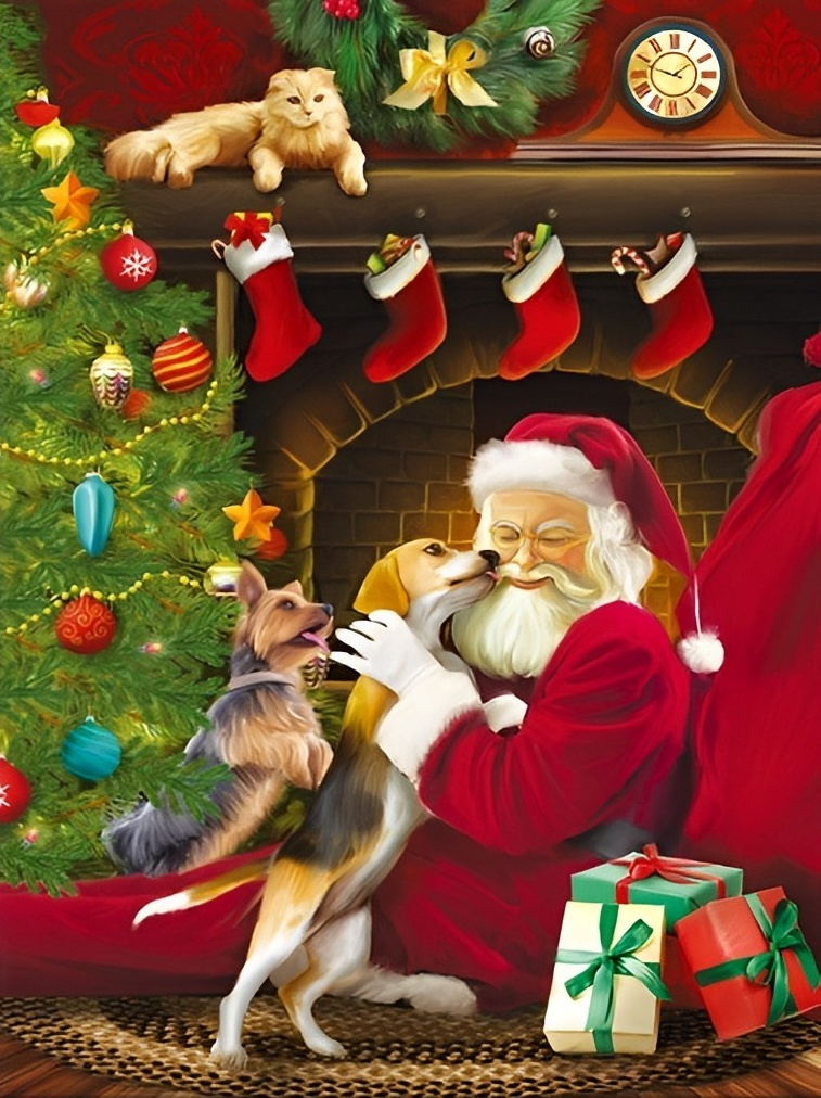 Kerstman, Hond en Open Haard Diamond Painting