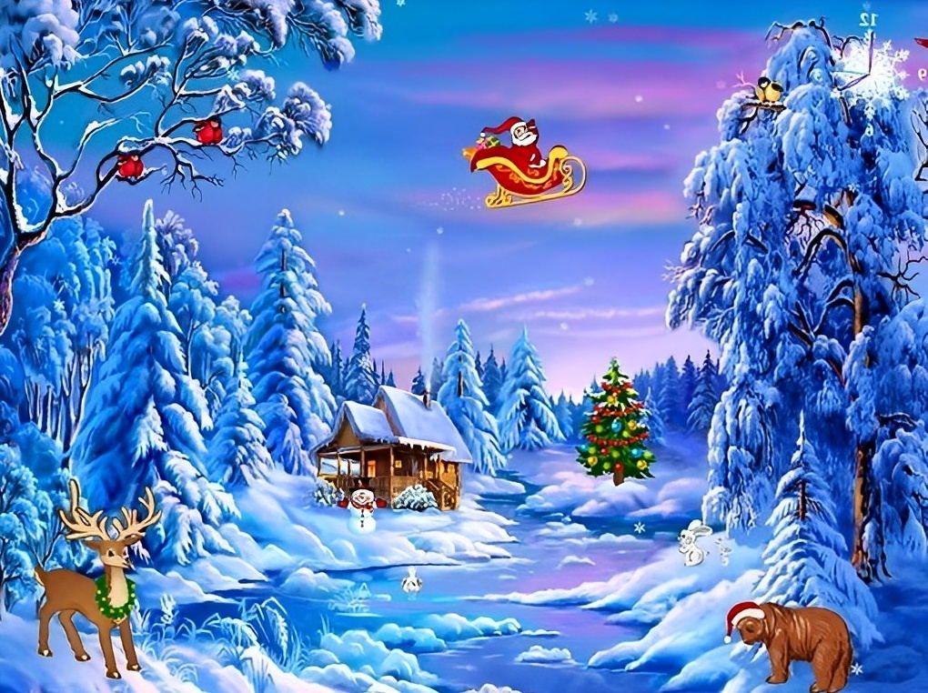 Kerstman in Slee boven Besneeuwd Dorp Diamond Painting