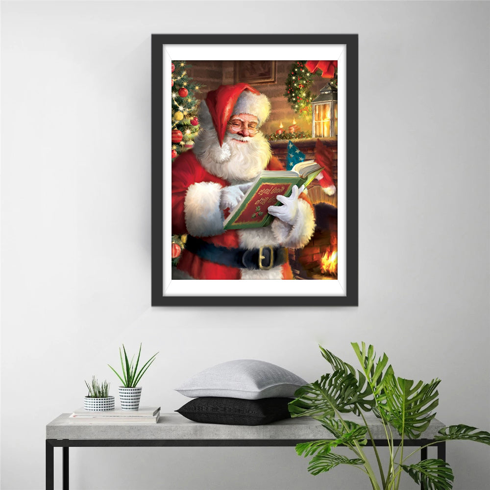 Kerstman Leest Boek bij Haardvuur Diamond Painting