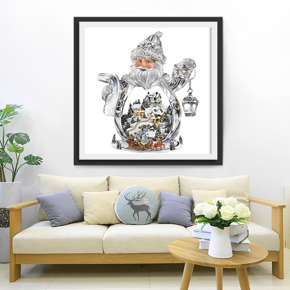 Kerstman met Lantaarn en Winterdorp in Glazen Bol Diamond Painting
