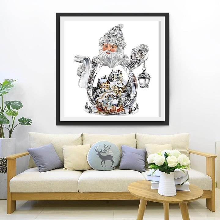 Kerstman met Lantaarn en Winterdorp in Glazen Bol Diamond Painting