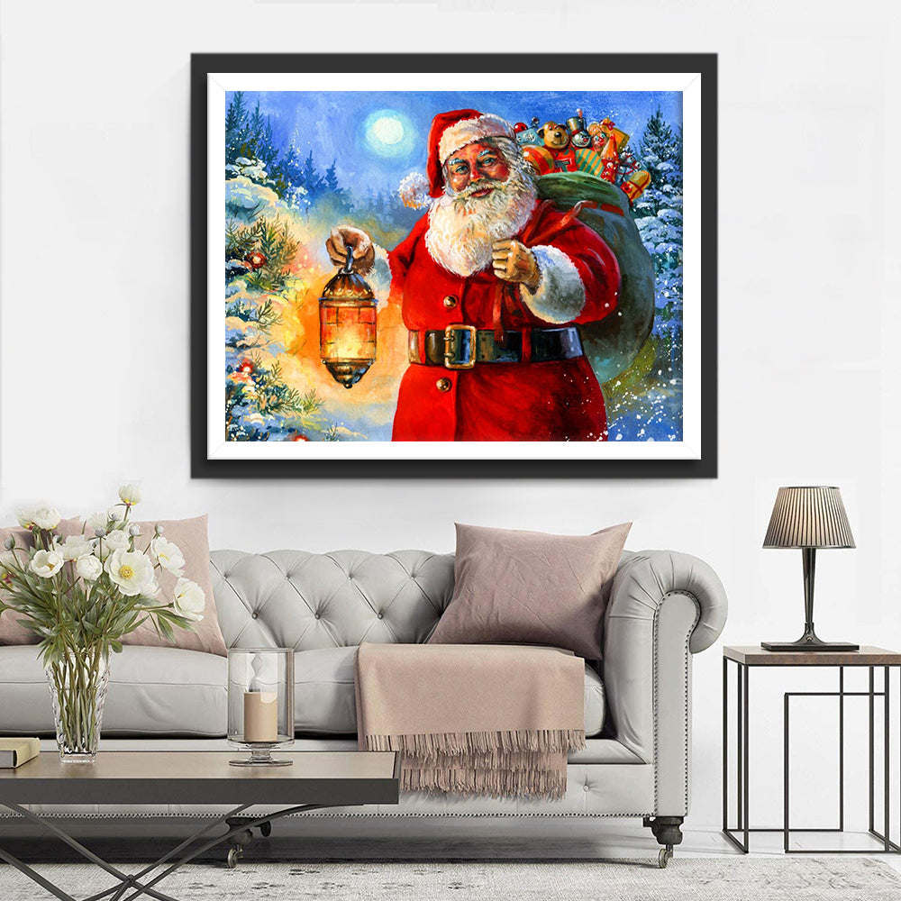 Kerstman met Lantaarn in de Winterse Nacht Diamond Painting