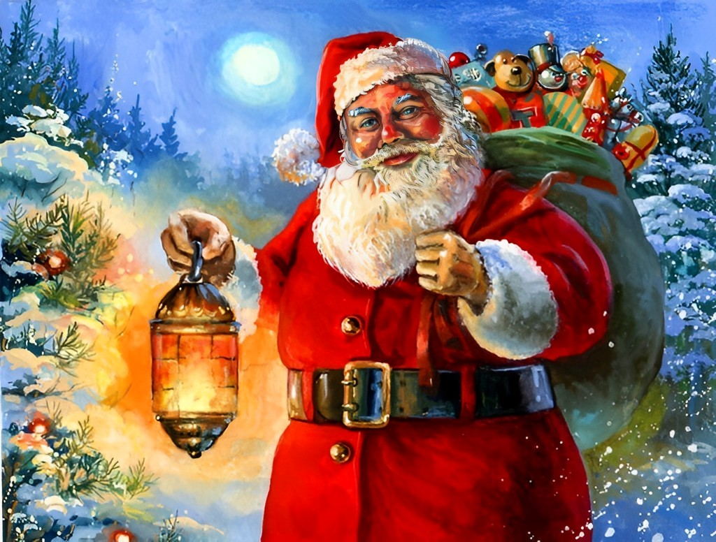Kerstman met Lantaarn in de Winterse Nacht Diamond Painting