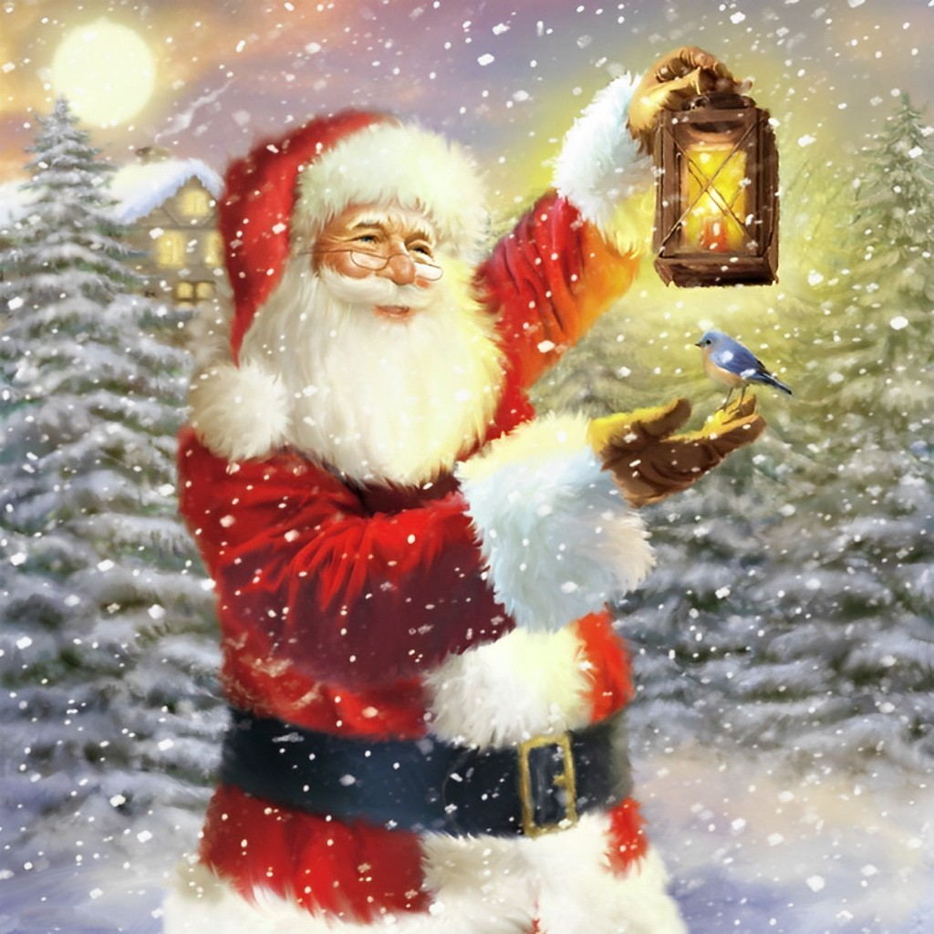 Kerstman met Lantaarn in een Magische Sneeuwlandschap Diamond Painting