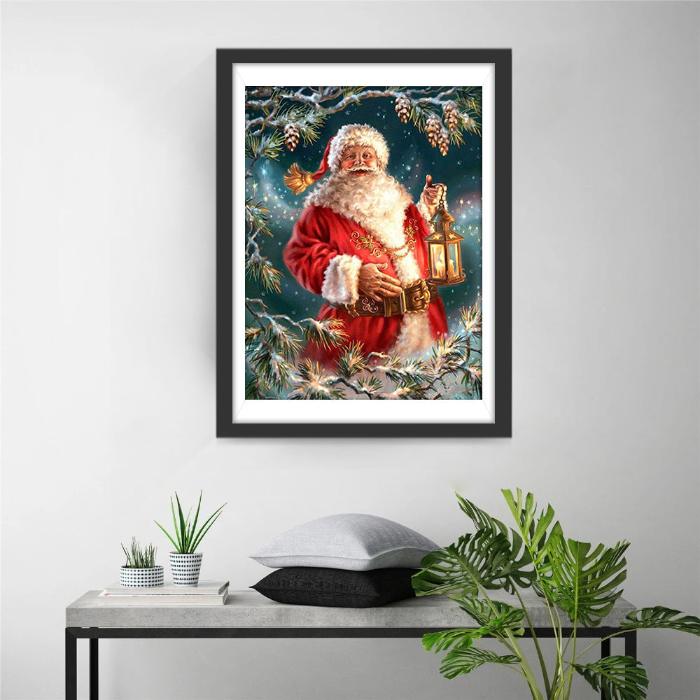 Kerstman met Lantaarn tussen de Takken Diamond Painting