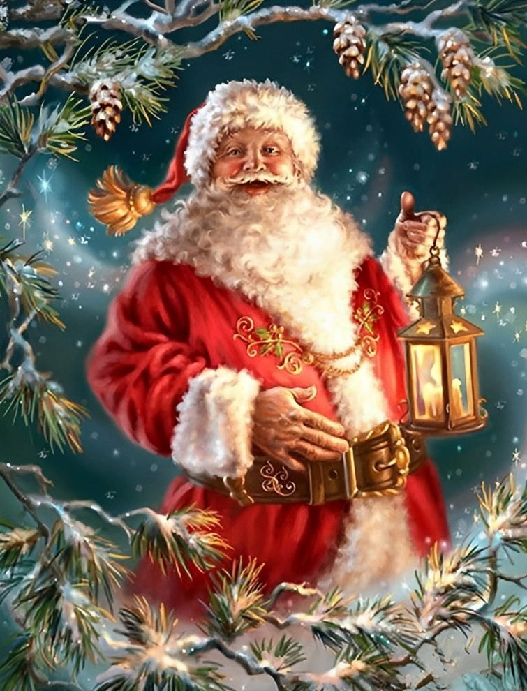 Kerstman met Lantaarn tussen de Takken Diamond Painting