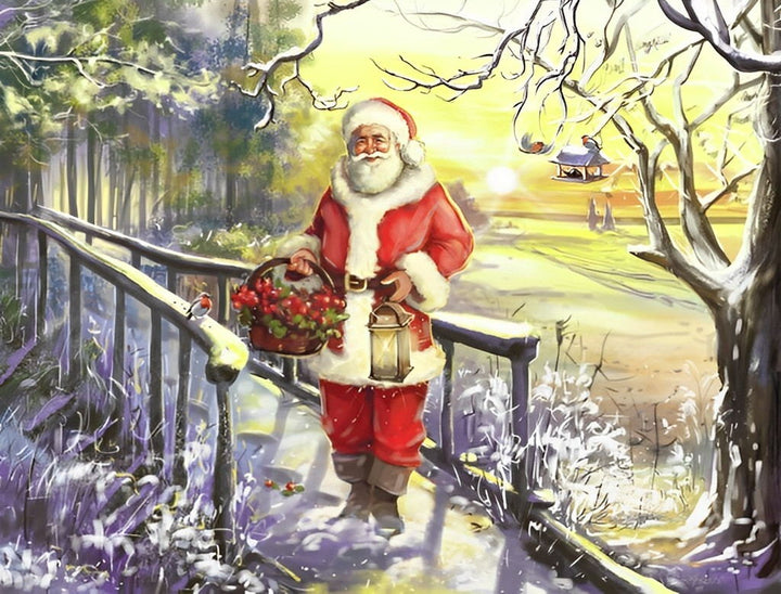 Kerstman met Mand en Lantaarn op Wandelpad Diamond Painting