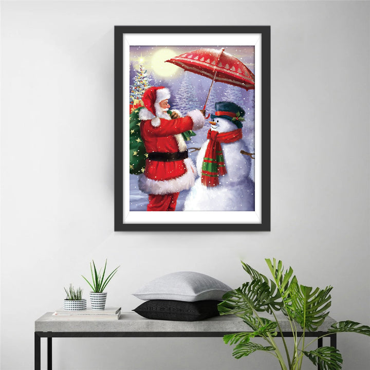 Kerstman met Paraplu en Sneeuwpop Diamond Painting