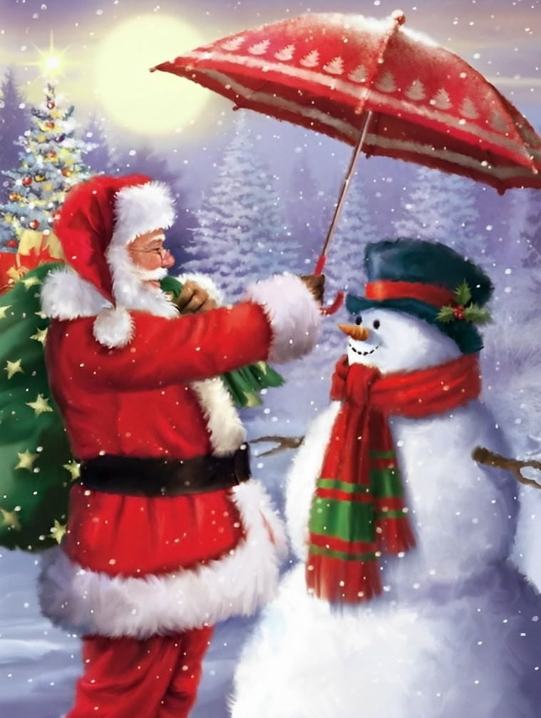 Kerstman met Paraplu en Sneeuwpop Diamond Painting