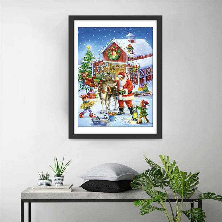Kerstman met Rendier bij Kerstversierde Schuur Diamond Painting