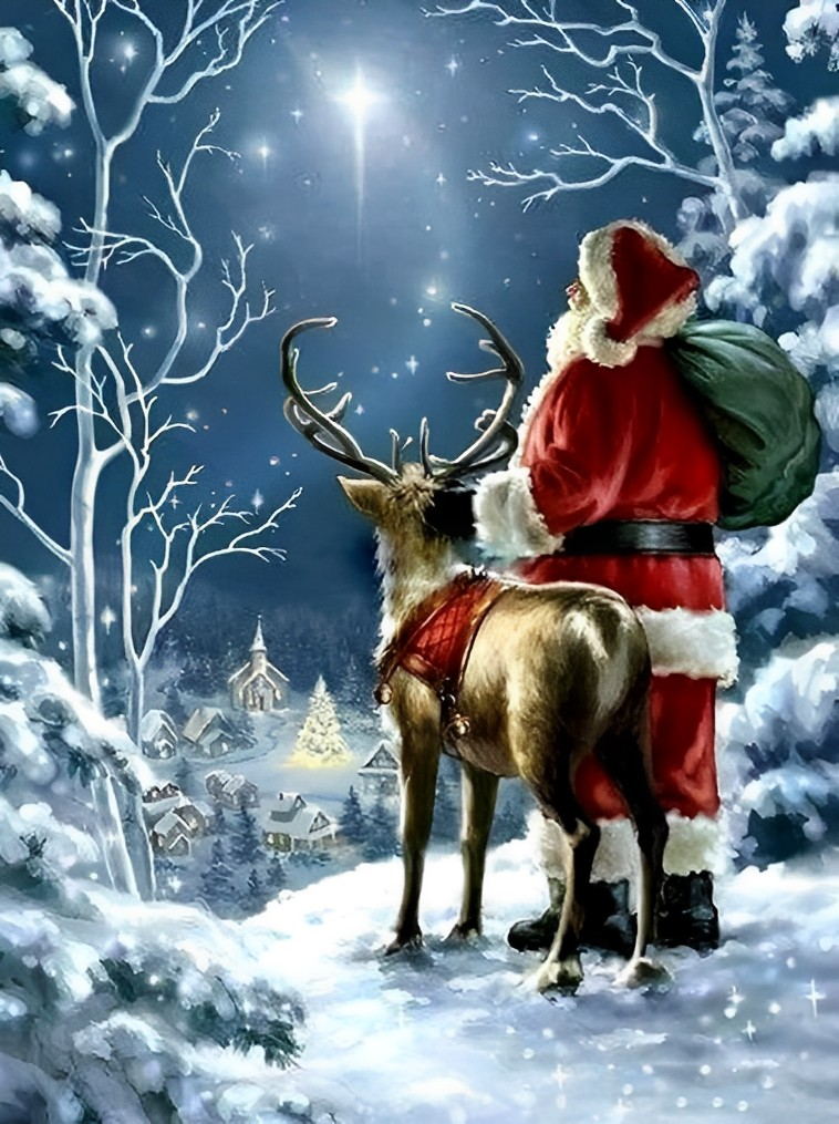 Kerstman met Rendier in Sneeuwlandschap onder Sterren Diamond Painting