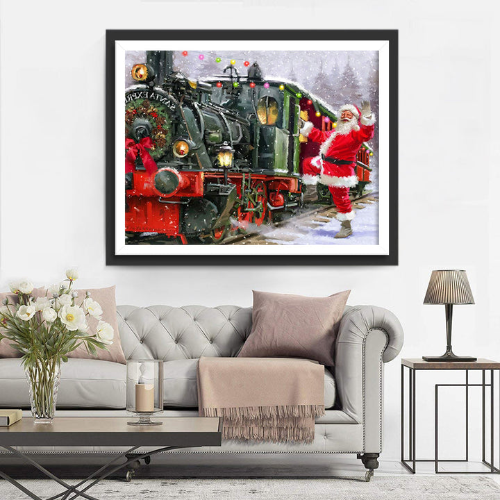 Kerstman naast Stoomtrein in Sneeuw Diamond Painting