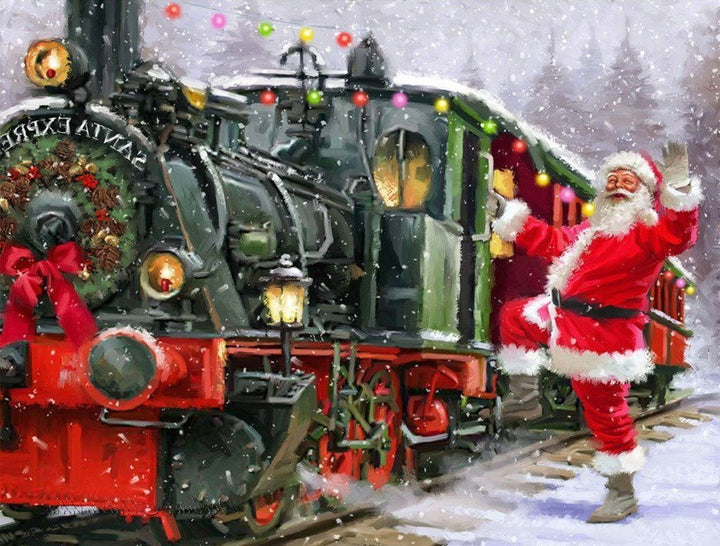 Kerstman naast Stoomtrein in Sneeuw Diamond Painting