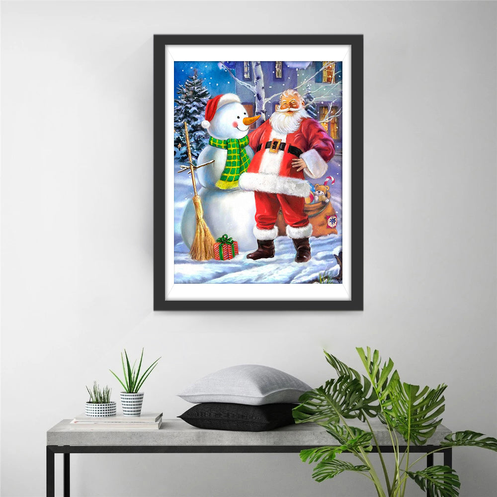 Kerstman naast Vrolijke Sneeuwpop in Sneeuw Diamond Painting