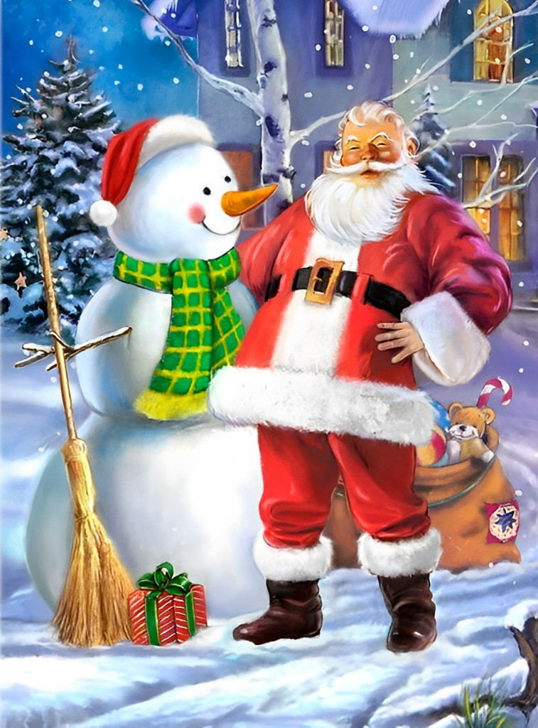 Kerstman naast Vrolijke Sneeuwpop in Sneeuw Diamond Painting
