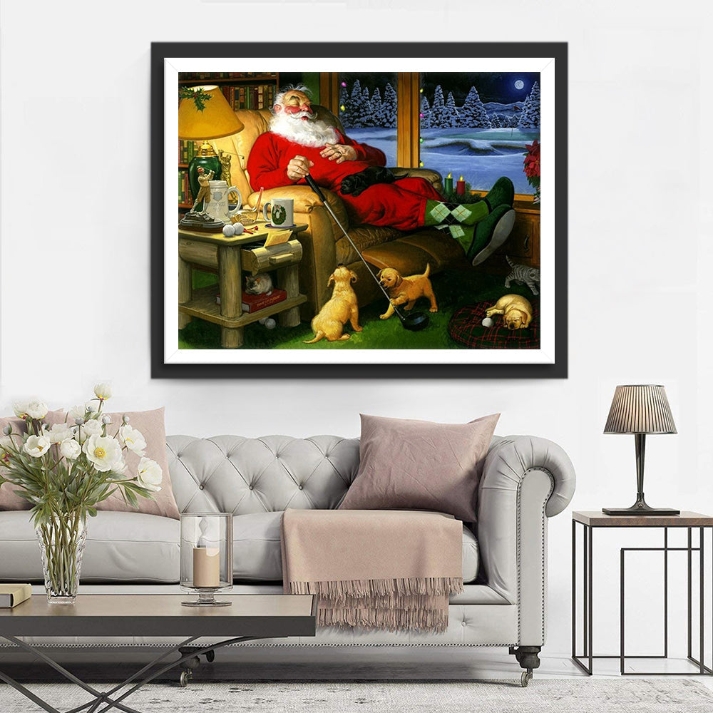 Kerstman op Fauteuil met Honden Diamond Painting