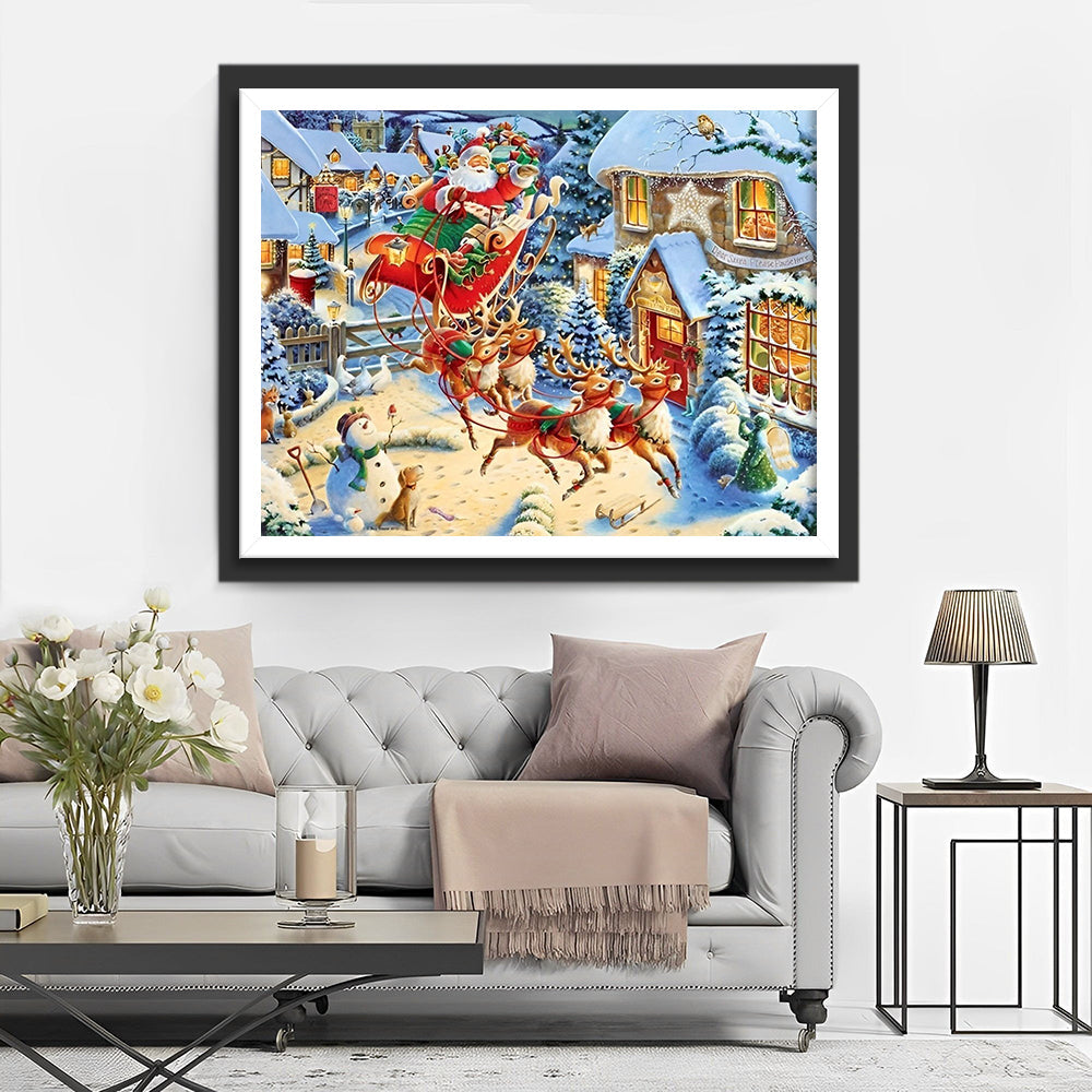 Kerstman op Slee met Rendieren door het Sneeuwdorp Diamond Painting
