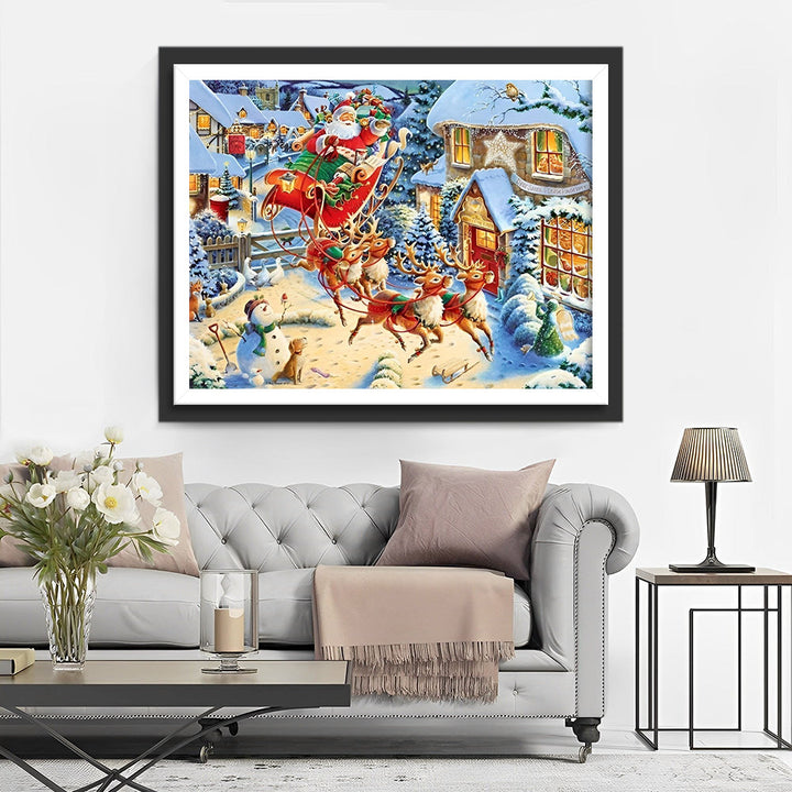 Kerstman op Slee met Rendieren door het Sneeuwdorp Diamond Painting