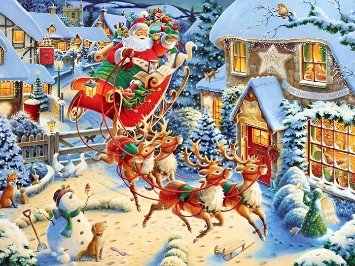 Kerstman op Slee met Rendieren door het Sneeuwdorp Diamond Painting