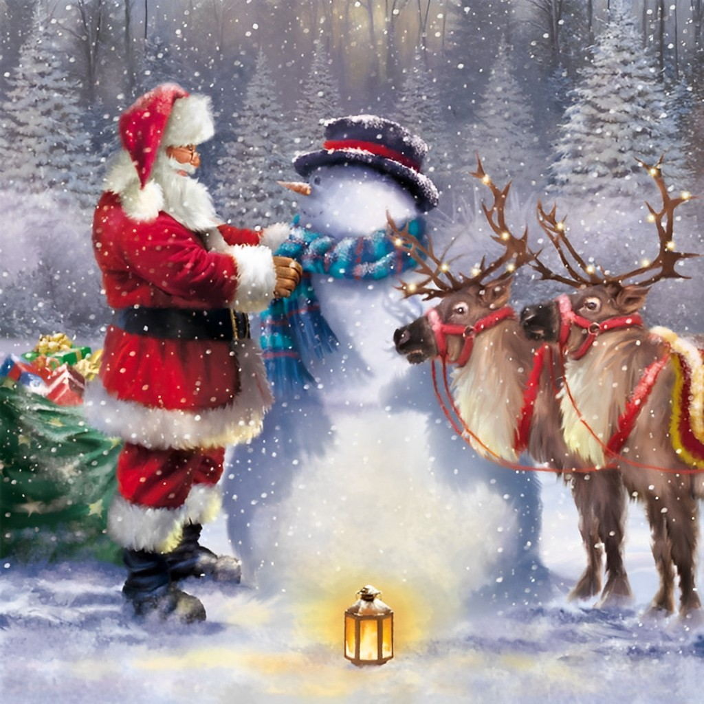 Kerstman, Sneeuwpop en Rendieren Diamond Painting